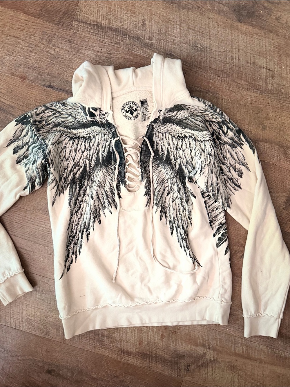 Affliction Cream Lace-Up Hoodie with Black Angel Wing Print SiLvEr Accents